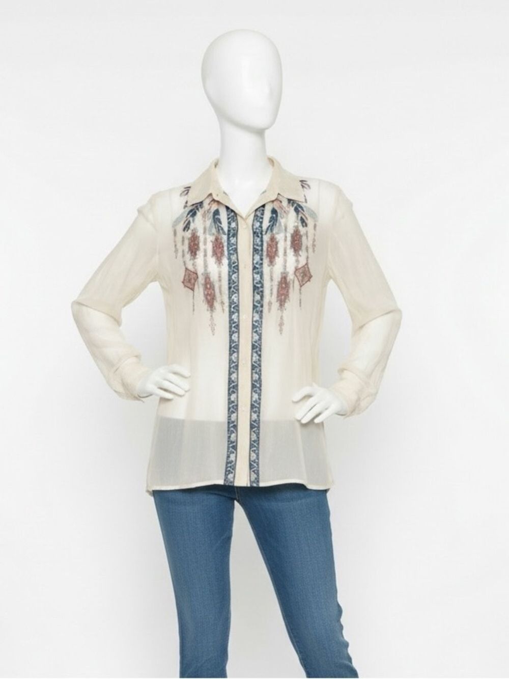 Johnny Was 4 Love & Liberty Silk Embroidered Blouse Size M Bohemian Sheer